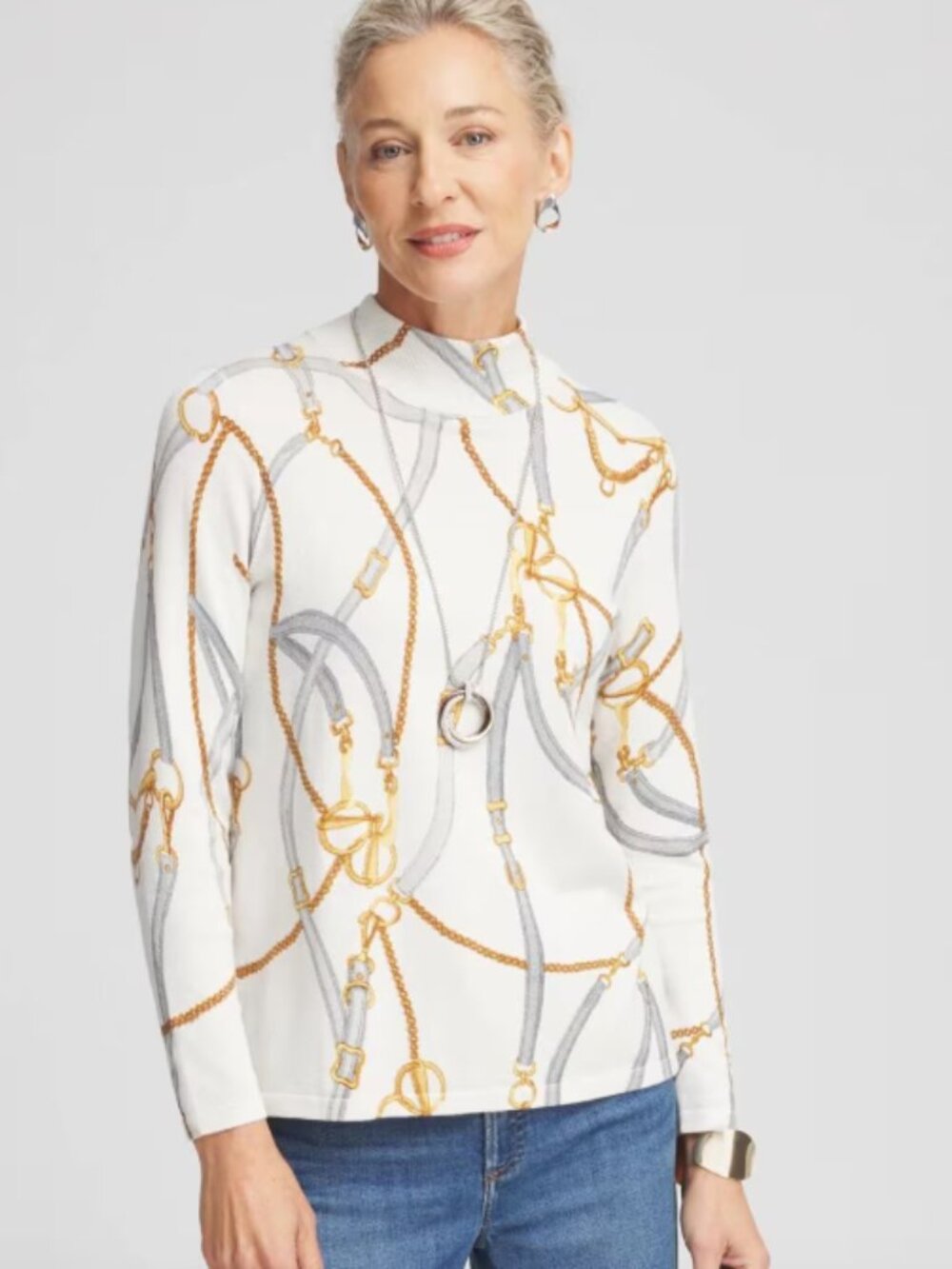Chico's Shimmer Mockneck Pullover Sweater Equestrian Print Fall Transition Sz L